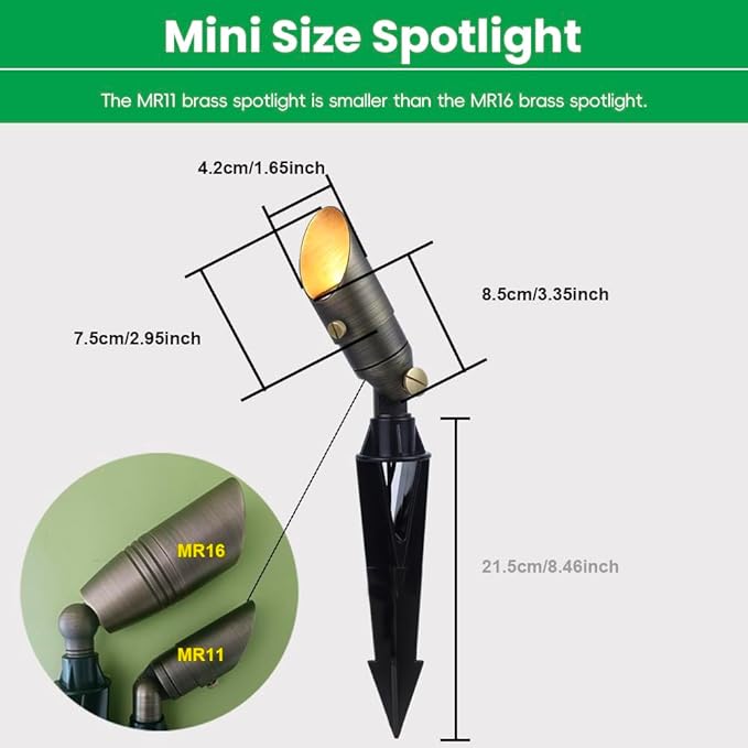 Brass Landscape Light 12V Low Voltage Mini Spotlight Replaceable 3W MR11 LED Bulb Warm White Solid Brass Spot Light Weatherproof Accent Light for Outdoor Garden Yard Lighting 1-Pack