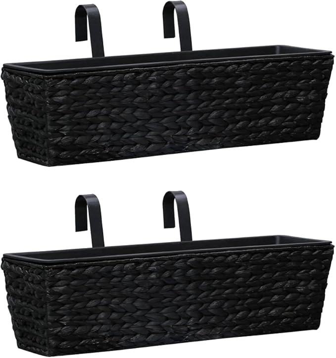 Black Water Hyacinth Rectangular Planter Set 2 Pack Indoor Modern Decorative Plant Pots with Steel Frame 23.6 Inch for Living Room Balcony