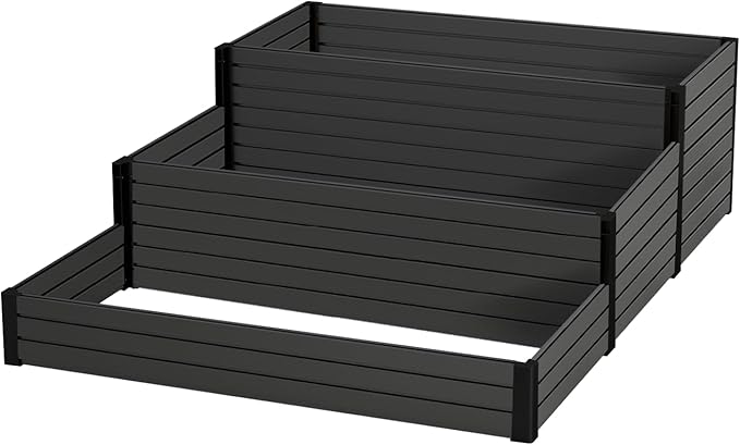 Elevated Wooden Raised Garden Planter - 3-Tier Outdoor Flower &amp Vegetable Box for Patio Backyard or Garden - Durable Weather-Resistant Design - 47.2 x 21.7 x 18.1 (Black)