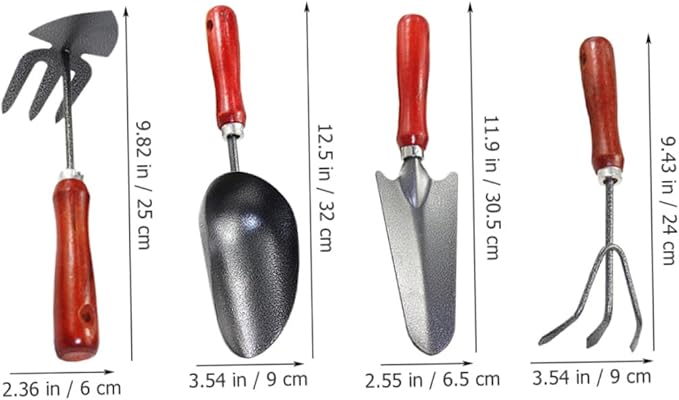 COHEALI 4pcs Mini Garden Tool Set with Small Metal Trowel Narrow Shovel Three-Prong Rake and Dual-use Hoe for Planting and Digging in Pots and Gardens