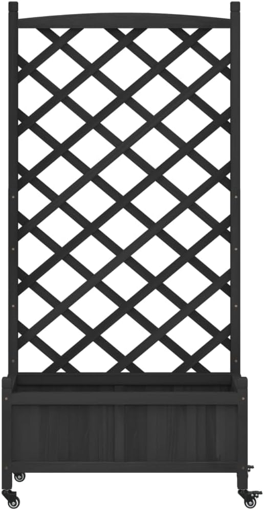Raised Garden Bed with Trellis and Wheels Black Solid Fir Wood Planter Box for Outdoor Garden Patio Elevated Planter with Drainage for Climbing Plants Flowers Vegetables and More