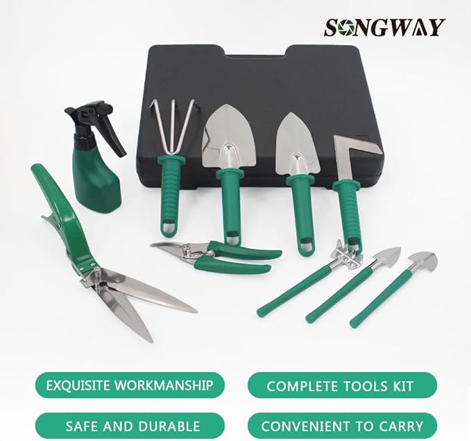SONGWAY 11 Pieces Garden Tool Set - Garden Tool Kit with Storage Case Aluminum Gardening Set Gardening Gift for Women Men Green
