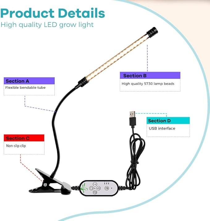 60W Red Blue Plant Lamp USB Power Supply 5V Indoor Planting Fill Light Dimmable Automatic on/Off 360° Adjustable 3-Mode Greenhouse Tent Hydroponic UV/IR Vegetables Flowers Succulent Fruit Seedlings