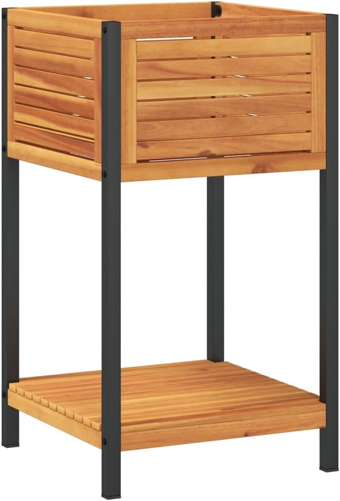 Garden Planter Brown Solid Acacia Wood Powder-Coated Steel 17.7x17.7x31.5 Inch Raised Garden Bed for Outdoor Plants