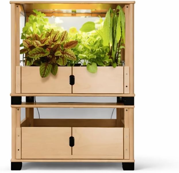 Hydroponic Home Garden with LED Grow Lights | Organic Microgreens Herbs Vegetables Fruits &amp Flowers | Real Wood Design | Stackable Mess-Free Year-Round Harvest (Natural)
