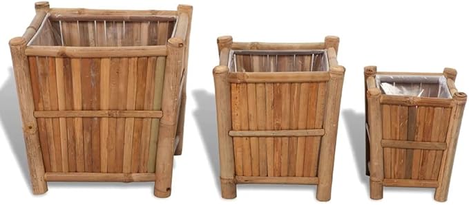 Raised Garden Bed Planter Set of 3 Natural Bamboo Fabric Square 15.7 inch Indoor Outdoor Use Gardening Clearance Deals