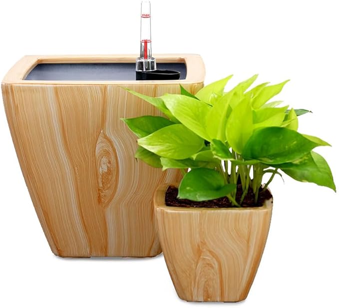 2 Pack Smart Self Watering Planter Pot for Indoor and Outdoor Light Wood Square Cone