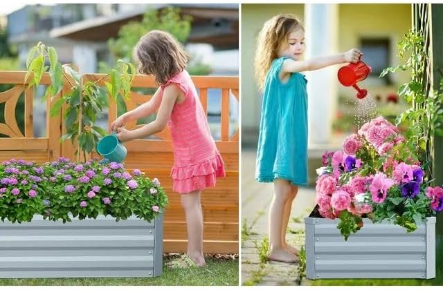 6x3x2ft Outdoor Metal Raised Garden Bed Planter Box for Vegetables Flowers Herbs w/ 3 Tomato Cages Siliver