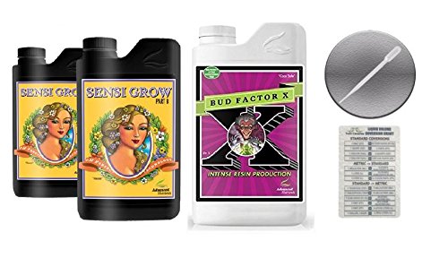 Advanced Nutrients Sensi Grow A and B 4 Liter with Bud Factor X 1 Liter Bundle and Conversion Chart and 3mL Pipette