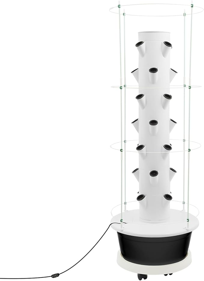 Hydroponic Growing System Kit Vertical Hydroponic Tower with Climbing Trellis Indoor &amp Outdoor Herb Garden Vegetable Tower with 28 Planting Pods for TomatoesStrawberries (White and Black)