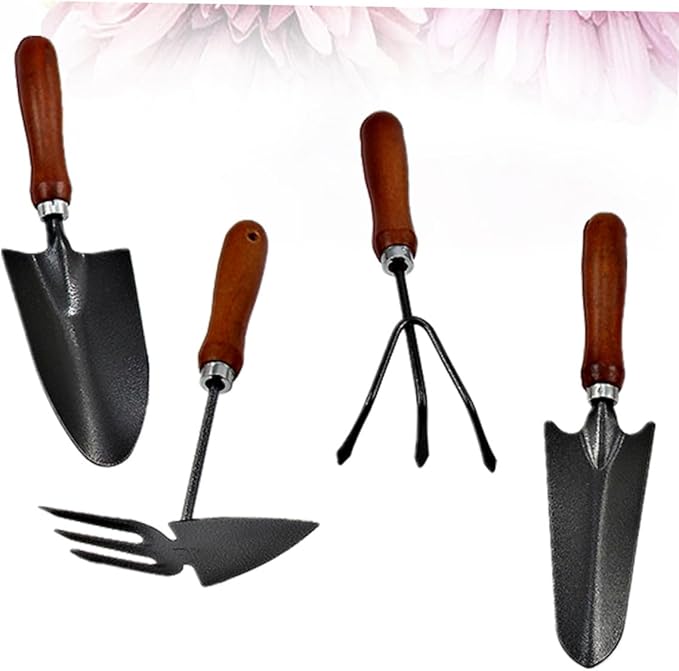 TIDTALEO 4pcs Mini Garden Tool Set with Thickened Iron Varnished Shovel and Wooden Handles Compact Hand Tools for Planting and Soil Cultivation in Garden and Pot Use