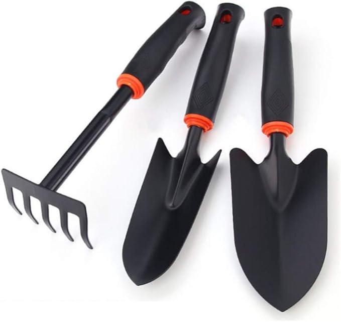 Garden Tool Set 3 Piece Durable Gardening Hand Tool Kit with TPR Handle (1 Trowel 1 Transplant and 1 Cultivator Hand Rake) Gift Set for Gardening Lovers - Black