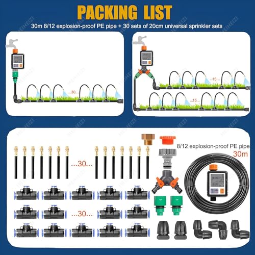 Drip Irrigation KitGarden Watering System DIY Automatic Irrigation Equipment Set for Lawn Raised Bed Greenhouse Plant Watering with 1/2-inch and 3/4-inch Dual-Specification Faucet adapters30m/98ft