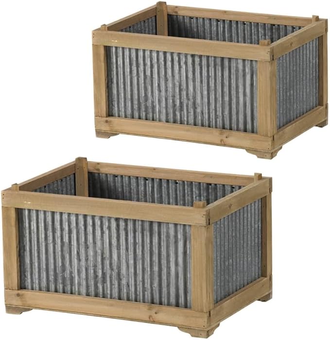 Set of 2 Rectangular Rustic Planter L:20x14x11.5 S:17x12x10