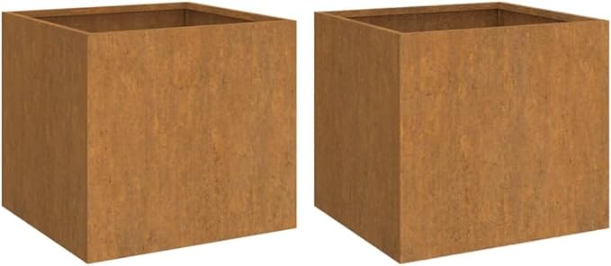 Corten Steel Raised Planter Box Set 2 Pack 19.3 Square Weathered Metal Outdoor Elevated Garden Beds for Patio Vegetable Flower Container Gardening