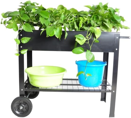 Mobile Elevated Metal Garden Bed Cart with Wheels Tall Raised Planter Box with Legs and Shelf for Vegetables Herbs Flowers Indoor Outdoor Patio Backyard Gardening with Drainage Hole System