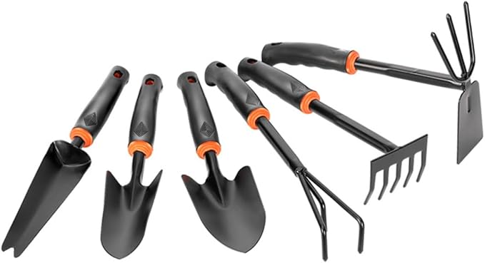 BESPORTBLE 6pcs Garden Tool Set Iron Wide Shovel Double-Sided Hoeing Rake Ergonomic Anti-Skid Plastic Handle for Home Balcony Gardening and Potted Plants Black Orange