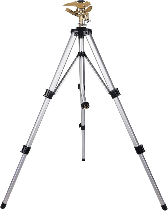Biswing Large Impact Sprinkler Head on Tripod Base Adjustable Zinc Alloy Lawn Sprinklers for Yard Lawn Garden 3/4 NH Connector 360 Degree Large Area Coverage Irrigator with Extension Legs 1 Pack