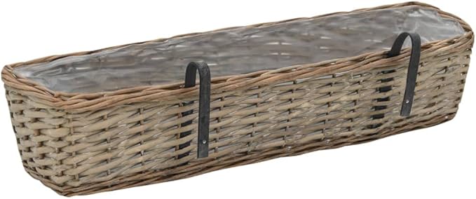 Brown Wicker Planter Set of 2-31.5 in Long Rectangular Planters for Fence Garden Wall and Patio Use - Rustic Synthetic Wicker - Galvanized Welded Mesh
