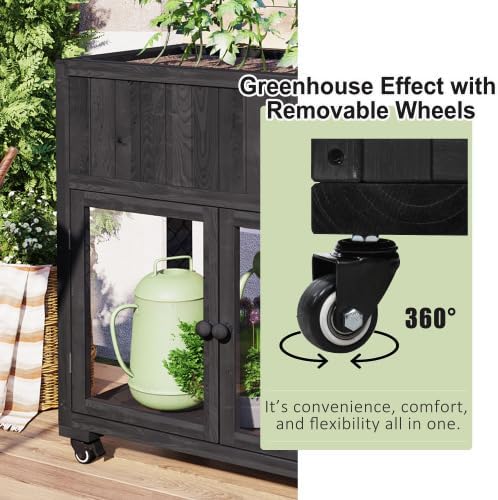 Raised Garden Bed with Wheels Wood Planter Box Mobile Mini Greenhouse with 2 Doors for Vegetables Herbs and Flowers Raised Bed with Liner for Patio Backyard and Balcony Indoor Outdoor Use Black