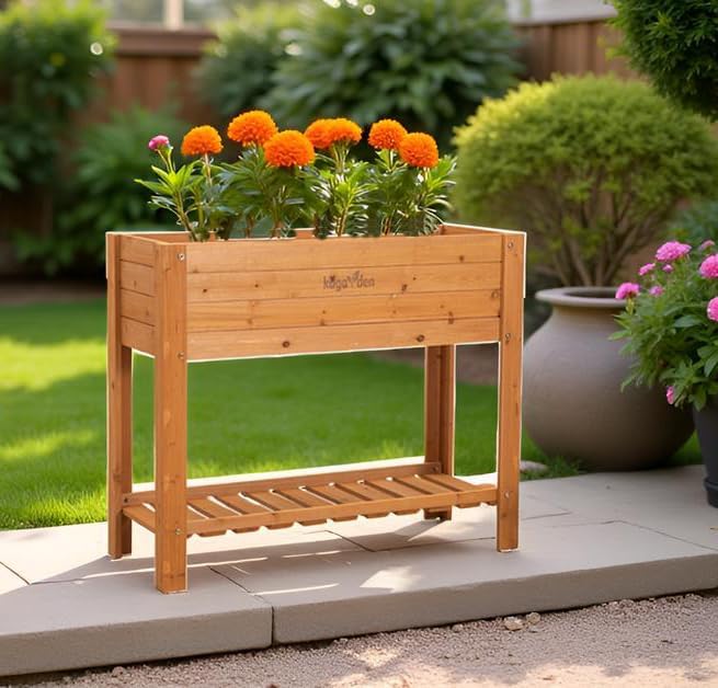 Raised Garden Bed Wood Planter Box Outdoor Wooden Elevated Planters Raised Beds with Legs for Vegetable Flower Herb 39.37x15.75x33H Standing Gardening Box with Liner for Backyard Patio Deck