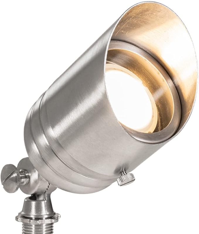 VOLT Fat Boy 12V Stainless Steel Outdoor Spotlight with 5W 2700K Warm White 400 Lumen MR16 LED Bulb for Low Voltage Landscape Lighting of Yard Lawn Garden Patio Trees &amp House
