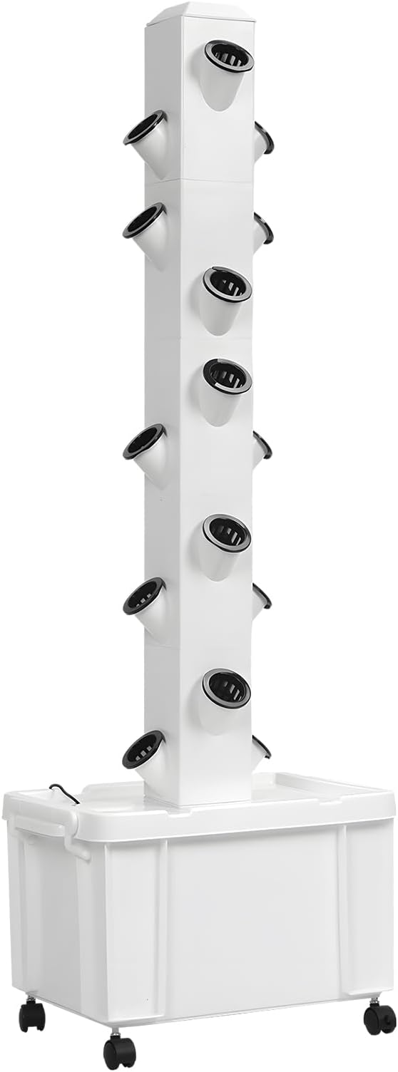 Movable Hydroponic Tower with Water Pump &amp Wheels 20-Plants Vertical Planter Tower Movable Hydroponic Growing System Kit 5 Layers Herb Garden Planter Indoor Kit for Gardening Lover White 1