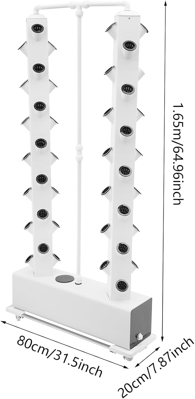 Gdrasuya10 Hydroponic Tower 56 Pods Vertical Planter Tower Large Hydroponics Tower Indoor Herb Garden Planter with 4 Wheels Intelligent Water Circulation &amp Timer Function (White)