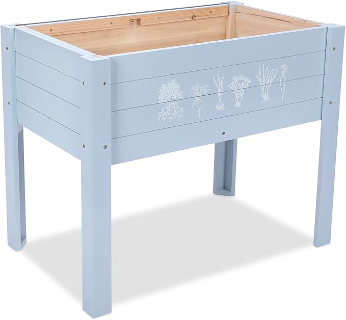 Kids Raised Garden Bed with DIY Chalkboard 30 x 24 x 18 Inch Wooden Elevated Raised Garden Bed for Kids Outdoor Planter Box with Legs for Vegetables Grass Lawn Yard Light Blue