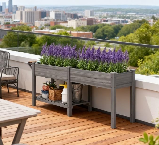 Elevated Garden BedWood Raised GBoxwith Side TableBottom ShelfBed Liners and Drainage Holes