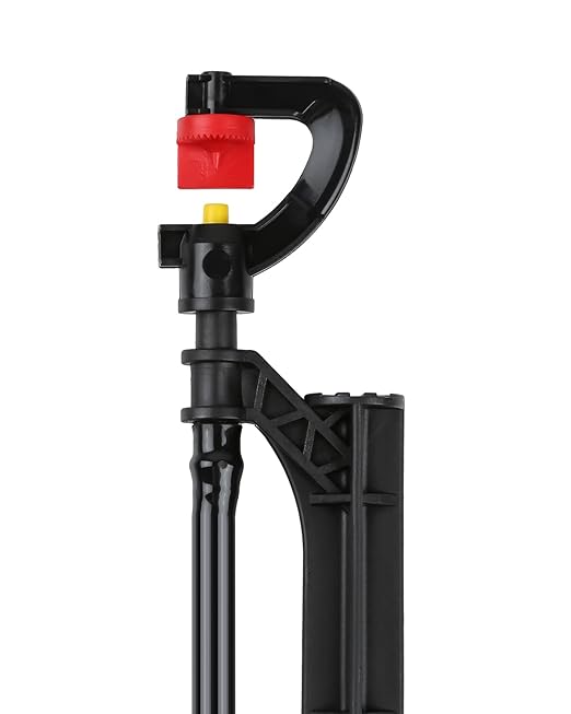 Drip Irrigation Micro Spray Emitter on 20 inch Stake with 1/4 Tubing and Barbed Coupler 180° Half Circle Pattern 8.5’ Spraying Distance