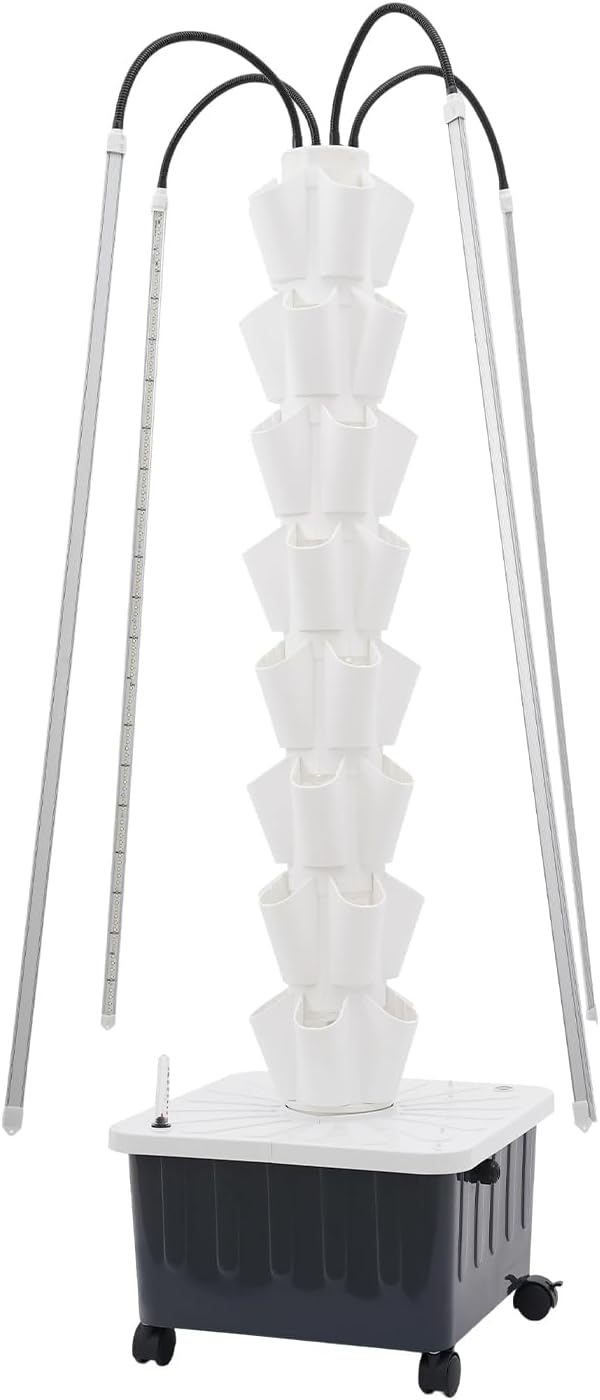 Hydroponics Growing System Tower Kit with Led Light 40pods Vertical Hydroponic Tower 8 Layer Hydroponics Tower Indoor Garden for Herbs Fruits and Vegetables (White)