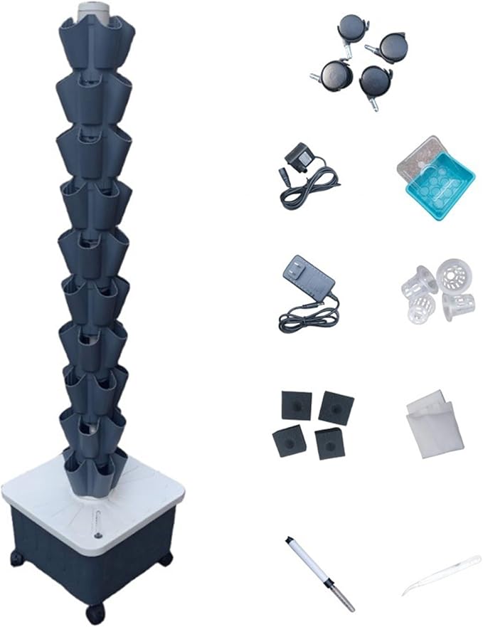 Tower Garden Growing System 4/8/10/12 Layer Hydroponic Tower with Pump and Mobile Water Tank Vertical Hydroponic Garden Tower for Gardening Lover(Gray158cm/62in)