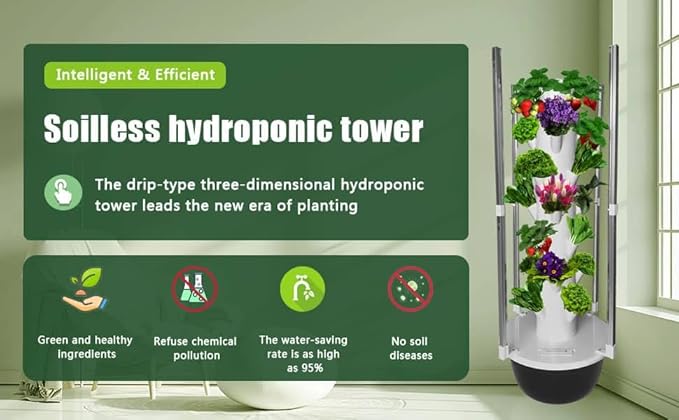 GRETEGO G&ampGO Hydroponics Growing System Kit with LED Grow Lights Aero Gardening System Hydroponic Tower 28 Net Pots Tomato Green Salad Strawberry Tower for Your Indoor Vegetable Garden