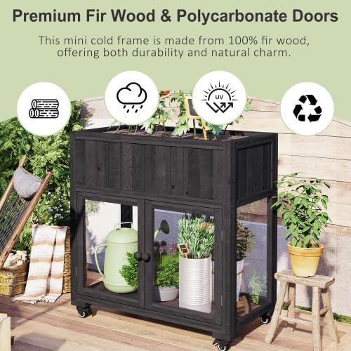 Raised Garden Bed with Wheels Wood Planter Box Mobile Mini Greenhouse with 2 Doors for Vegetables Herbs and Flowers Raised Bed with Liner for Patio Backyard and Balcony Indoor Outdoor Use Black