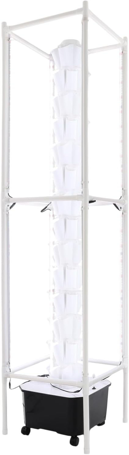 Hydroponic Grow Tower 70 Plant Sites 14-Tier Vertical Gardening System with LED Grow Lights 25L Water Tank with Timer &amp Pump Rolling Indoor Garden with Wheels for Home Kitchen Balcony (White+Bl