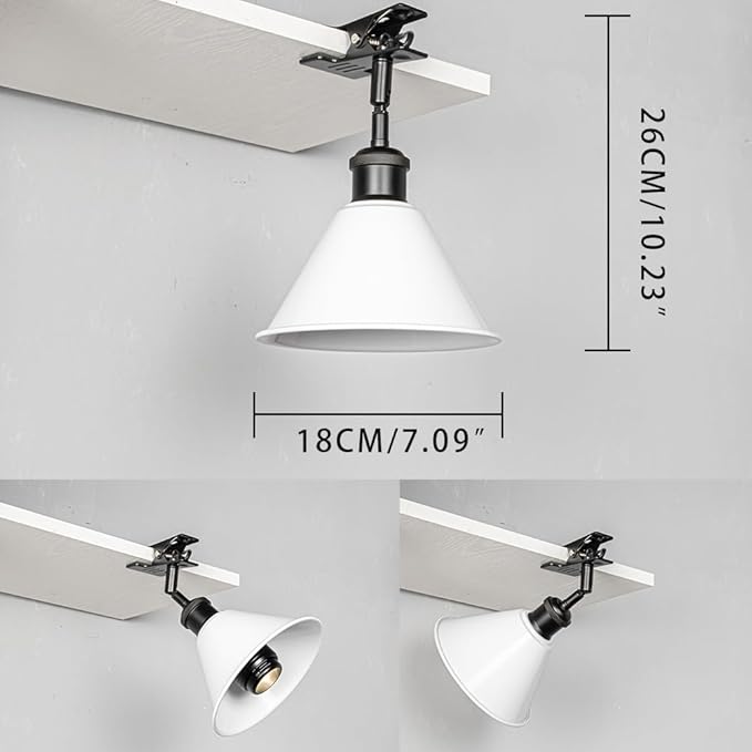 Clip-On Full Spectrum Lamp 5.9Ft Timer Switch Cord Adjustable Angle Black Base White Shade Vintage Design Clamp Light for Potted Plants Shelf Plants