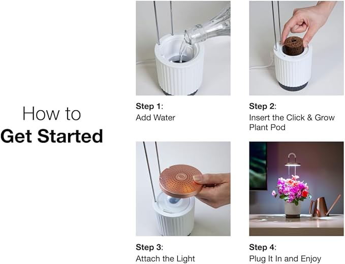 Mini Smart Planter Kit with Petunia Plant Pods by Click&ampGrow Hydrovase Indoor Garden Self-Watering Pot with Grow Light (White)