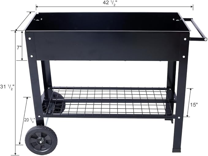 Elevated Mobile Raised Ergonomic Metal Planter Garden Bed for Backyard Patio w/Wheels Lower Shelf Black