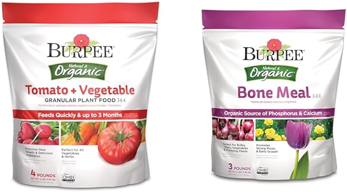 Burpee Organic Tomato &amp Vegetable Plant Food with Bone Meal Fertilizer | Strong Root Development | 4 lb &amp 3 lb