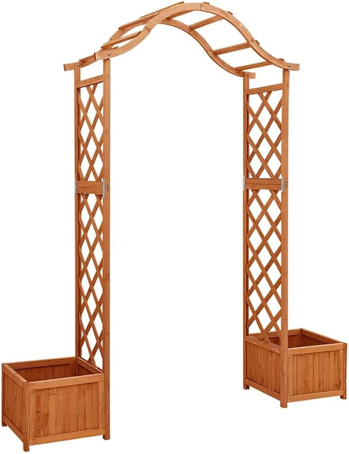 Wooden Garden Pergola with Planter Solid Firwood Planter with Trellis Outdoor Raised Garden Bed for Plants Hanging Flower Baskets Brwon-160