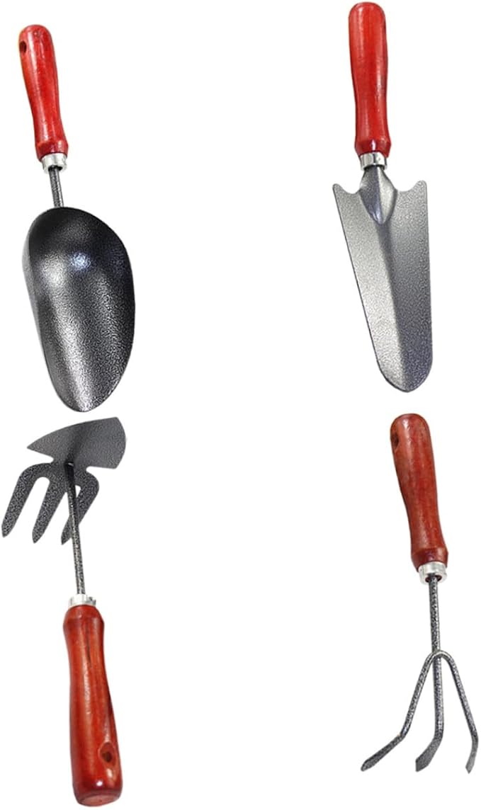 VICASKY Garden Tool Set 4pcs Small Metal Shovels for Gardening with Extended Narrow Spade 3-Prong Rake Dual-Purpose Hoe and Soil Scoop Handheld Tools for Planting Weeding and Potting