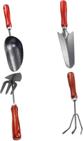 VICASKY Garden Tool Set 4pcs Small Metal Shovels for Gardening with Extended Narrow Spade 3-Prong Rake Dual-Purpose Hoe and Soil Scoop Handheld Tools for Planting Weeding and Potting