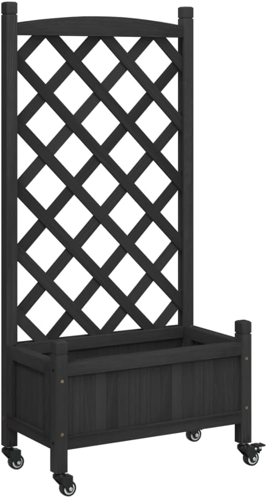 Black Rectangular Raised Planter Box on Wheels with Trellis for Climbing Plants 11.6 x 21.7 x 46.3 in Solid Fir Wood Elevated Garden Bed Outdoor Patio Balcony