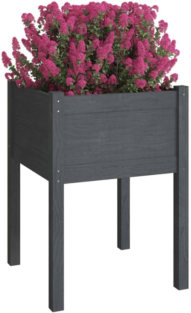 Grey Solid Pinewood Square Planter 19.7x19.7x27.6 inch Outdoor Raised Garden Bed Durable Wooden Planter Box for Patio Balcony Terrace