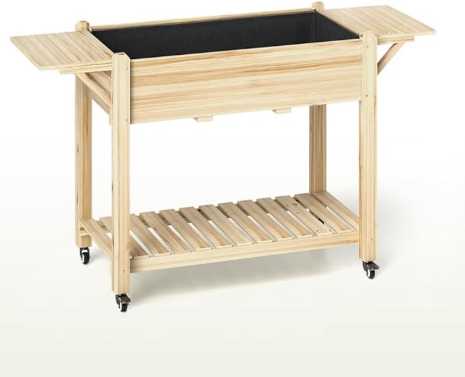 Optimal Elevated Garden BedWood Raised Planter Boxwith Lockable WheelsSide TablesBottom ShelfDrain Holes