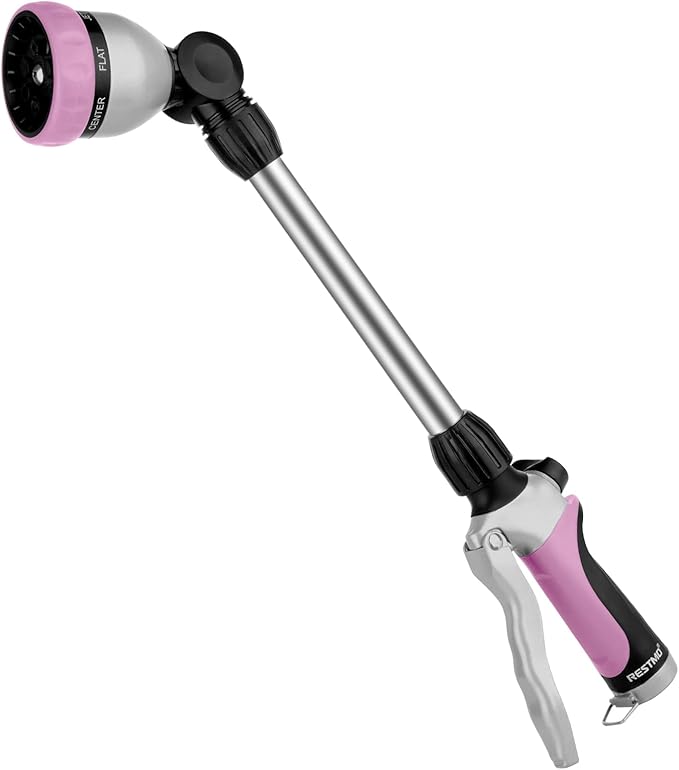 RESTMO Metal Watering Wand Heavy Duty Garden Hose Wand with 180° Swivel Ratcheting Head 16'' Hose Nozzle Sprayer with 7 Spray Patterns and Flow Control for Water Hanging Baskets and Shrubs Pink