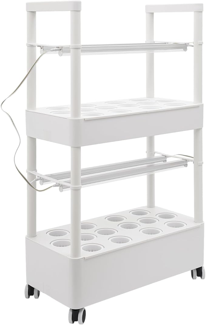 28-Hole Hydroponic Growing Kit 2-Tier Indoor Vertical Garden with 4 LED Grow Lights 7.39gal Dual Water Tanks Ip68 Pump Lockable Wheels Hydronic Growing Kit for Herbs Vegetables (White)