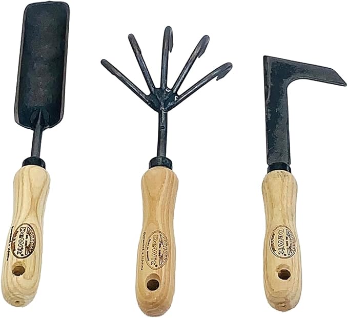 DeWit Patio Tool Set – Rock-N-Root Trowel 5-Tine Cultivator &amp Patio Knife | Hand-Forged Boron Steel Garden Tools with Ash Wood Handles