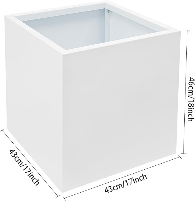 Raised Garden Bed 17 * 17 * 18in Steel Square Planter Flower Box for Indoor Outdoor Balconies Gardens Decks Patios Decks Front Porches (White)